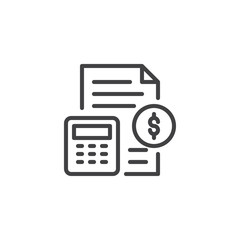 Money document and calculator outline icon. linear style sign for mobile concept and web design. Financial accounting simple line vector icon. Symbol, logo illustration. Pixel perfect vector graphics