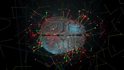 Poster - 3d render of brain with bright and lighted up zones. Surface of brain is highlighted with different colors. Particles are flowing around brain and fly from its inside to outside. Loopable sequence.
