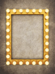 Wall Mural - Golden frame with light bulbs on concrete background. 3D rendering