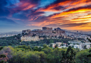 Fototapete - View on Acropolis in Athens, Greece, at sunrise. Scenic travel background with dramatic sky.