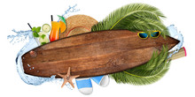 Beach Summer Cocktail Bar Concept Tourism Background Empty Wooden Surfboard With Copy Space Coco Palm Water Splash Straw Hat And Seastar Isolated On White