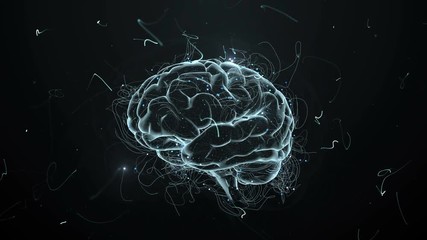 Poster - 3d render abstract background with brain that surrounded with particles with twisted trails. Trails and particles are symoizing ideas.