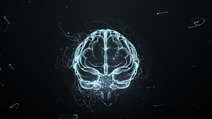 Poster - 3d render abstract background with brain that surrounded with particles with twisted trails. Trails and particles are symoizing ideas.