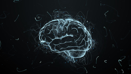 Poster - 3d render abstract background with brain that surrounded with particles with twisted trails. Trails and particles are symoizing ideas.