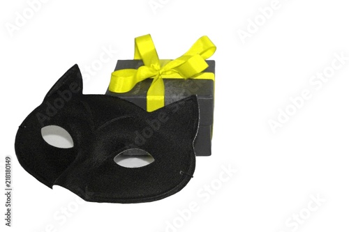 Black Gift Present Box With Yellow Bow And Black Cat Eye Mask