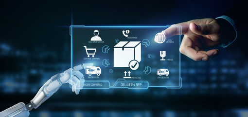 Poster - Cyborg hand holding a  Logistic delivery application screen 3d rendering