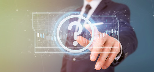 Poster - Man holding a Technology question mark icon on a circle 3d rendering