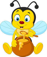 Sticker - Cartoon bee with honey pot