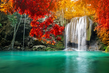 Amazing Beauty Of Nature, Waterfall At Colorful Autumn Forest 