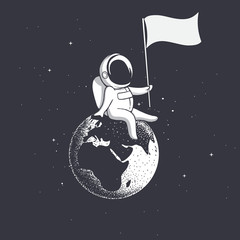Wall Mural - astronaut, sitting on the earth, holds a flag.space vector illustration