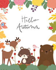 Wall Mural - Cute animal autumn card vector illustration. Hello autumn.