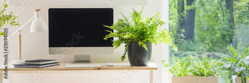 Fotografía Real photo of bright room interior with wooden desk with lamp, notebooks and emp