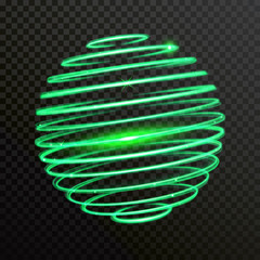 Wall Mural - green spiral sphere globe of neon light. vector shiny trace or twirl trail with shine sparkle effect