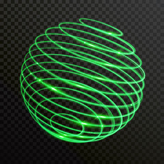 Wall Mural - green glow light sphere of spiral circles with sparkling effect. vector abstract shiny globe of neon