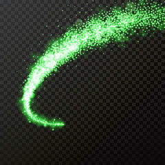 Wall Mural - green glitter particles of comet wave trail or vector light glow with sparkling star dust effect for