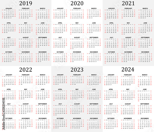 Six year calendar - 2019, 2020, 2021, 2022, 2023 and 2024 in white and ...