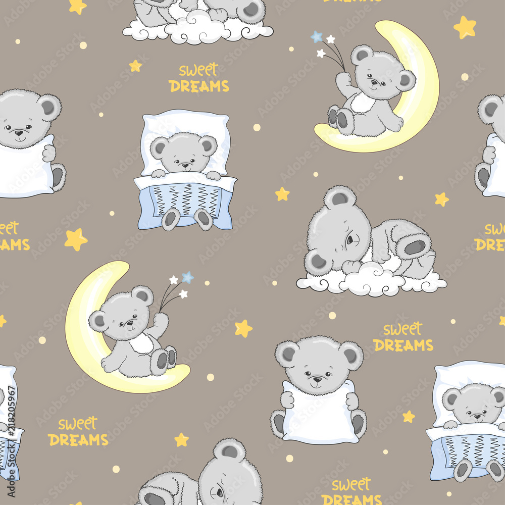Photo Cute sleeping Teddy Bears seamless pattern.