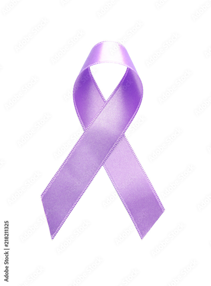 Purple satin ribbon on white background. Cancer awareness concept