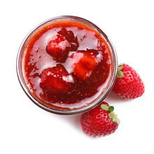 Bowl With Delicious Strawberry Jam On White Background