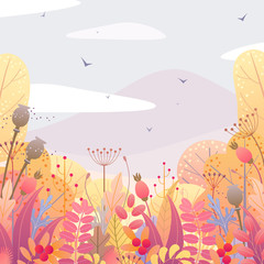 Wall Mural - Floral Background with Autumn Leaves and Berries