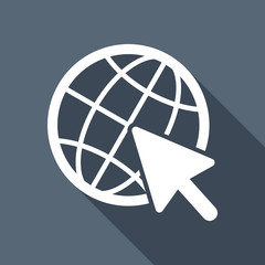 Poster - Globe and arrow icon. White flat icon with long shadow on backgr