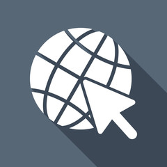 Poster - Globe and arrow icon. White flat icon with long shadow on backgr