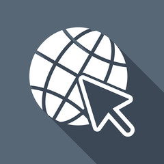 Poster - Globe and arrow icon. White flat icon with long shadow on backgr
