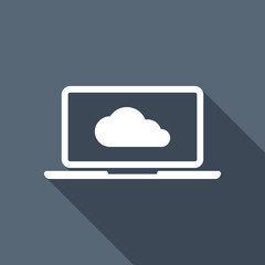 Poster - Cloud technology, software. Laptop and cloud. White flat icon wi