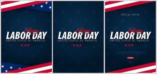 Set of Labor Day sale promotions, advertisings, posters, banners, templates with American flag. American labor day wallpapers.