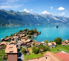 Wall Mural - aerial view on the town and interlaken lake. natural landscape from drone. aerial landscape from air