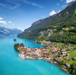Wall Mural - aerial view on the town and interlaken lake. natural landscape from drone. aerial landscape from air
