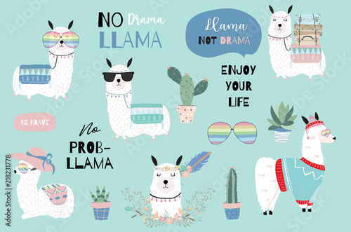 Fotografía Blue hand drawn cute card with llama, heart glasses and hat in winter christmas