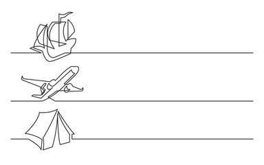 Wall Mural - banner design - continuous line drawing of business icons: tall ship, passenger plane, tourist tent