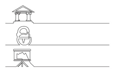 banner design - continuous line drawing of business icons: bank, lock, presentation screen with falling diagram