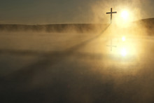 This Sunrise Cross On A Misty Lake Casts A Lengthy Shadow And Reflection On This Calm Easter Morning Illustration