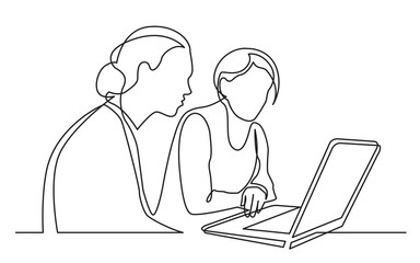 Poster - continuous line drawing of two women sitting and watching laptop computer