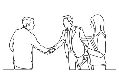 Poster - continuous line drawing of business meeting with handshake