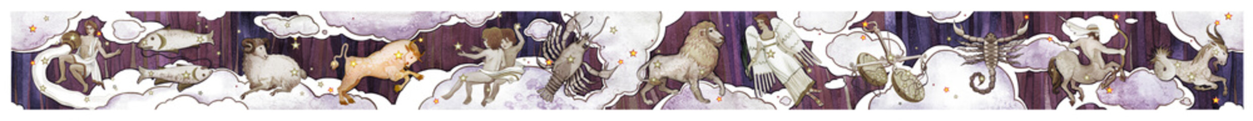 Wall Mural - Set of twelve signs of the zodiac with main Taurus, watercolor in retro style in line design. Isolated on a dark  pattern background