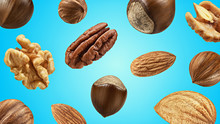 Creative Layout Made Pattern Nut Mix Isolated Flat Lay  Blue Background With Clipping Path. Macro Concept. Mockup Closeup Hazelnut, Almond,  Pecan, Walnut  As Package Design Element.  Full Depth Of Fi