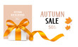 Autumn Sale template design. Vector background with gift box and yellow maple leaves