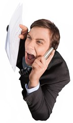 Poster - Close-up of business man in suit holding phone isolated on white