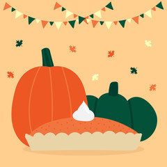 Wall Mural - Cute cartoon vector illustration with pumpkin pie, whole fresh pumpkins, maple leaves and decorations for thanksgiving day and autumn, fall celebrations, festivals.
