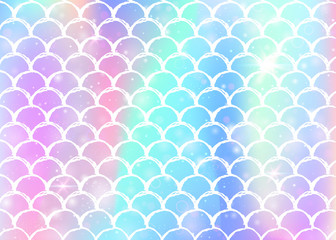 Wall Mural - Rainbow scales background with kawaii mermaid princess pattern. Fish tail banner with magic sparkles and stars. Sea fantasy invitation for girlie party. Multicolor backdrop with rainbow scales.