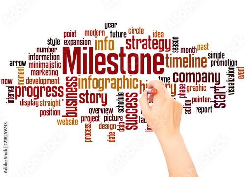 Fotografering Milestone word cloud hand writing concept