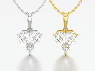 Wall Mural - 3D illustration two yellow and white gold or silver big heart diamond necklaces on chains