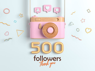 Wall Mural - 500 followers thank you, Pink Retro Photo Camera and multicolor Figures. 3D Illustration for Social Network friends, followers, Web user Thank you celebrate of subscribers.