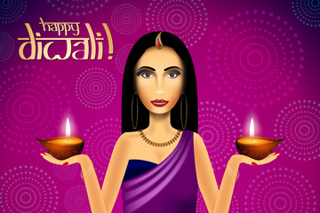 Canvas Print - Happy Diwali card, indian woman wearing saree, candles