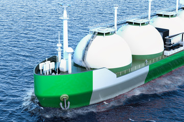 Wall Mural - Nigerian gas tanker sailing in ocean, 3D rendering