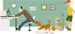 Overworking man trying to keep working at home on Saturday while his family waiting for him to go for a walk, EPS 8 vector illustration
