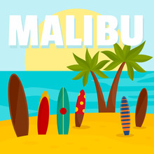 Malibu Surf Board Beach Background. Flat Illustration Of Malibu Surf Board Beach Vector Background For Web Design